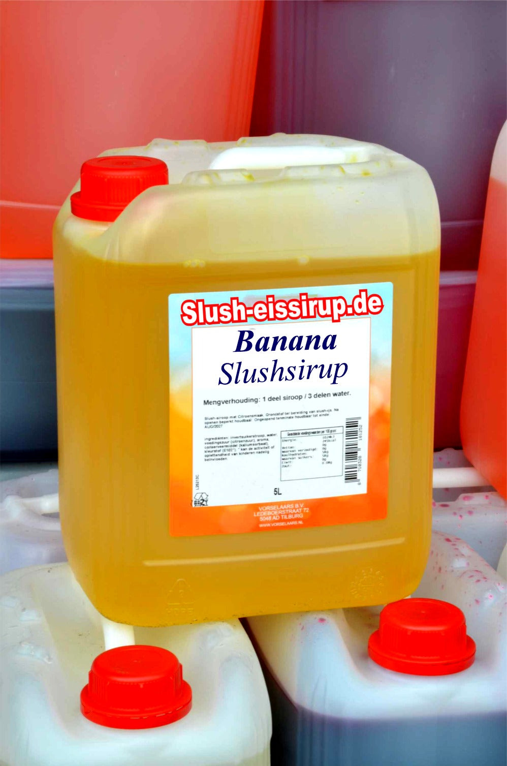 Slush-Sirup BANANE Geschmack - 5 Liter Kanister - Vorselaars - www.slush-eissirup.de  Eine Köstlichkeit für Jung und Alt.